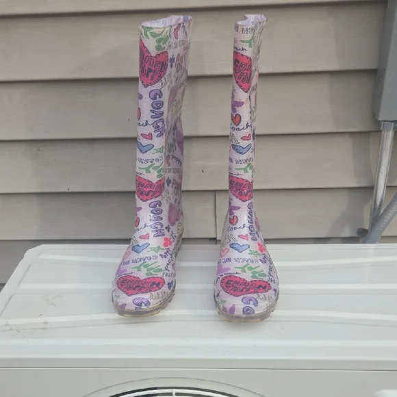 Coach Women's Pink Logo Heart Print Rain Boots - Picture 1 of 16